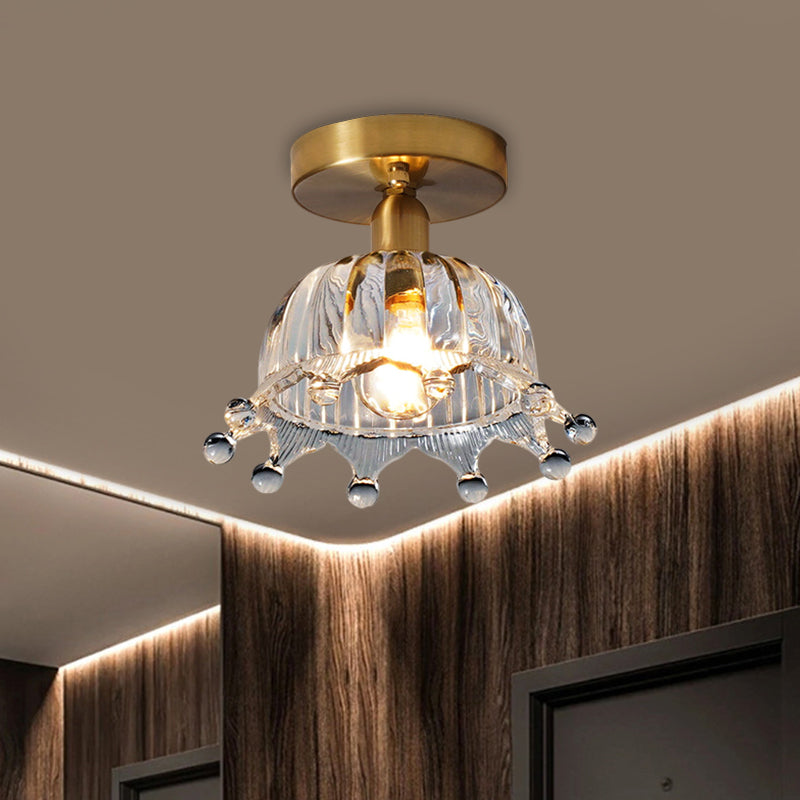 Clear Fluted Glass Brass Semi Mount Inverted Crown Single Bulb Antiqued Close to Ceiling Light