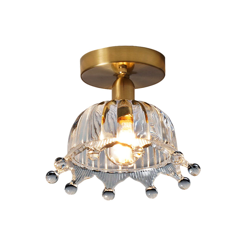 Clear Fluted Glass Brass Semi Mount Inverted Crown Single Bulb Antiqued Close to Ceiling Light