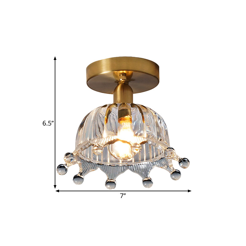 Clear Fluted Glass Brass Semi Mount Inverted Crown Single Bulb Antiqued Close to Ceiling Light