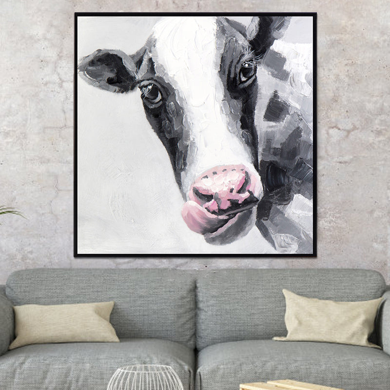 Textured Cow Painting Modern Canvas Wall Art in Black and White for Bedroom