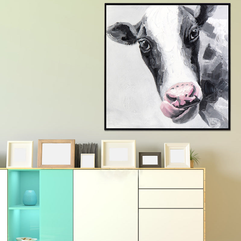 Textured Cow Painting Modern Canvas Wall Art in Black and White for Bedroom