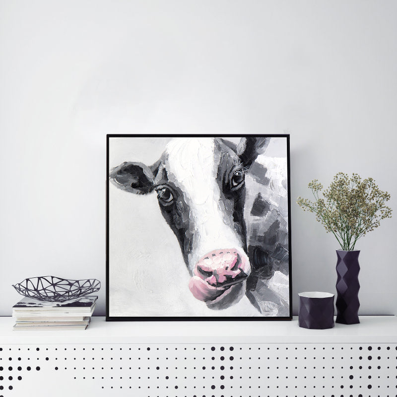 Textured Cow Painting Modern Canvas Wall Art in Black and White for Bedroom