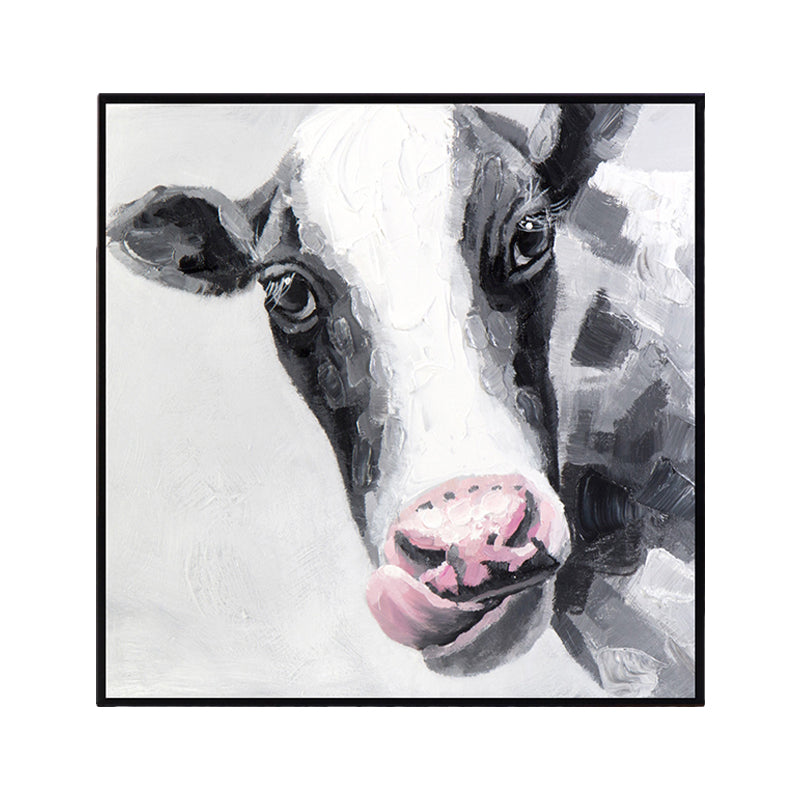 Textured Cow Painting Modern Canvas Wall Art in Black and White for Bedroom