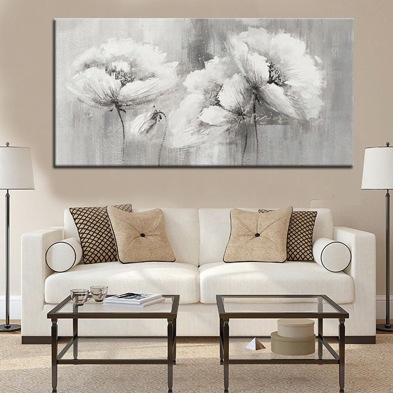 Pencil Sketch Flower Wall Art Contemporary Canvas Painting in Grey for Living Room