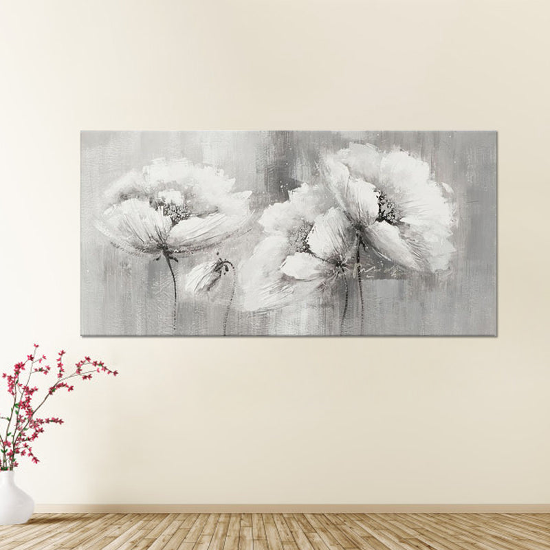 Pencil Sketch Flower Wall Art Contemporary Canvas Painting in Grey for Living Room