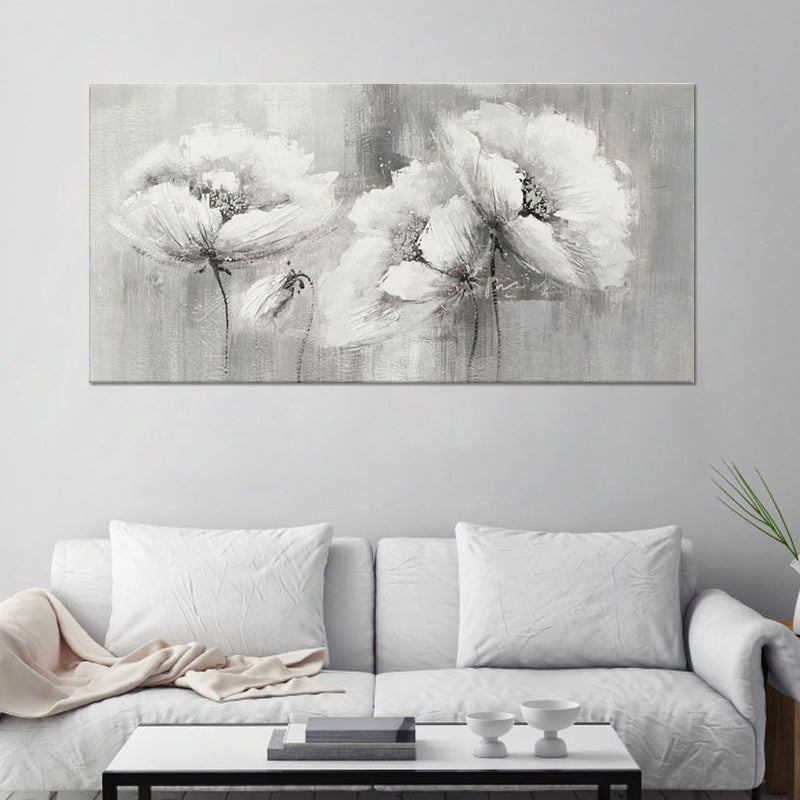 Pencil Sketch Flower Wall Art Contemporary Canvas Painting in Grey for Living Room