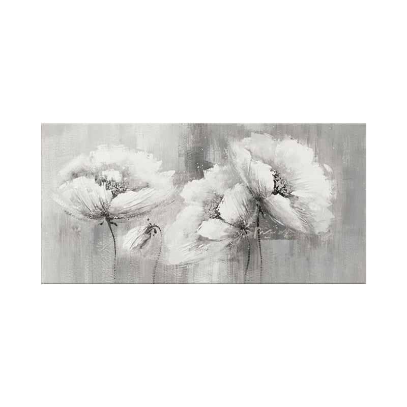 Pencil Sketch Flower Wall Art Contemporary Canvas Painting in Grey for Living Room