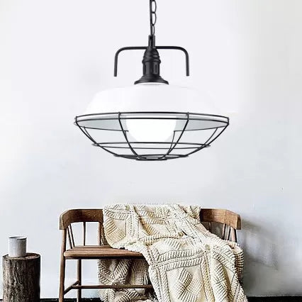 Metal Barn Pendant Light Fixture Industrial 14"/18" W 1 Light Living Room Hanging Lamp with Cage in Black/White