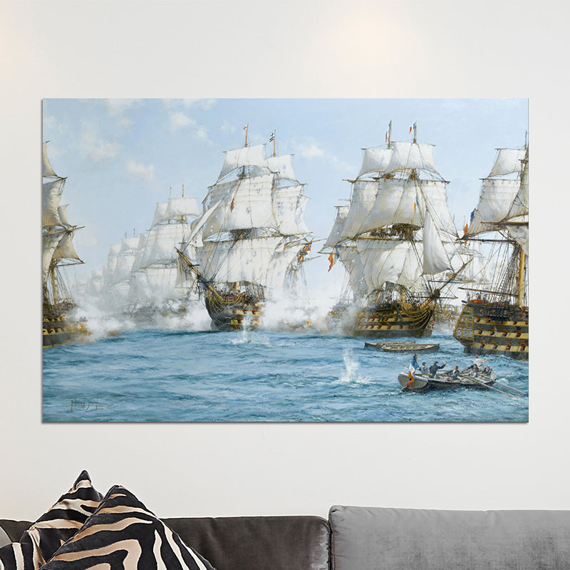 Battle with Pirates Art Print White and Blue Classical Wall Decor for Home Gallery