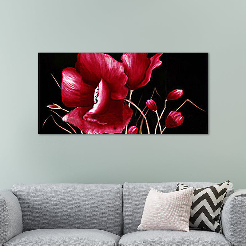 Modern Flower and Bud Painting in Red Textured Canvas Wall Art for Girls Bedroom