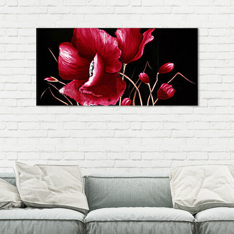 Modern Flower and Bud Painting in Red Textured Canvas Wall Art for Girls Bedroom