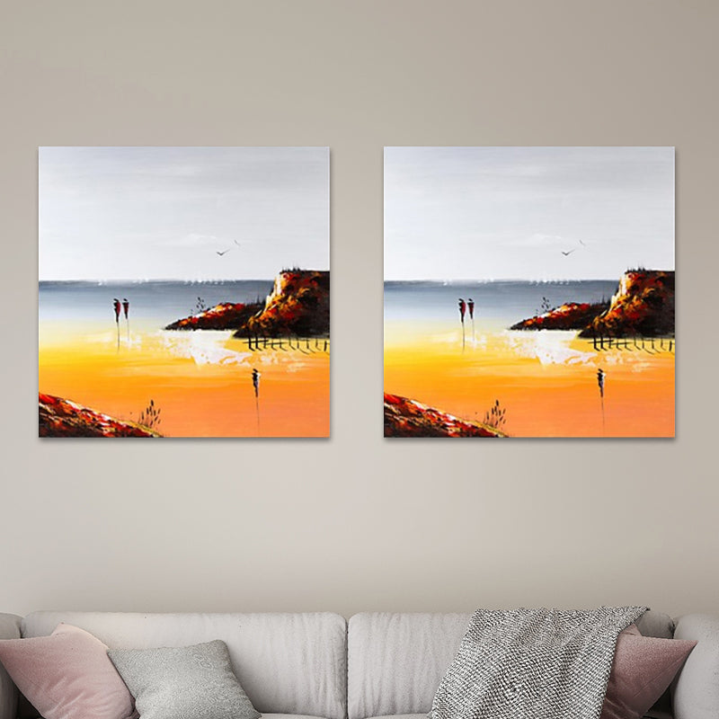 Orange Artistic Painting Walking Alongside the Beach Wall Decor for Home, Canvas-Made