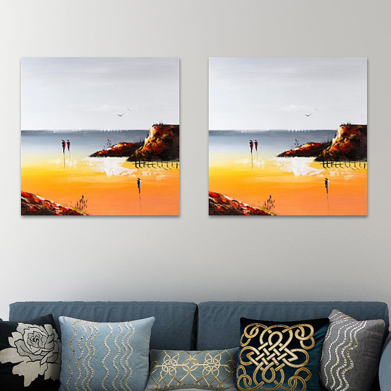 Orange Artistic Painting Walking Alongside the Beach Wall Decor for Home, Canvas-Made