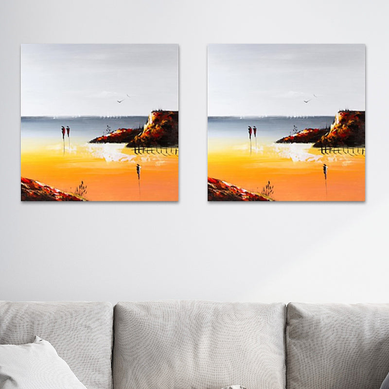 Orange Artistic Painting Walking Alongside the Beach Wall Decor for Home, Canvas-Made