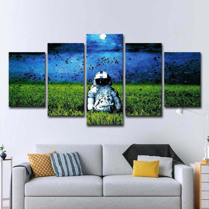 Sci-Fi Spaceman Canvas Art Green and Blue Moon Night Scenery Wall Decor, Multi-Piece