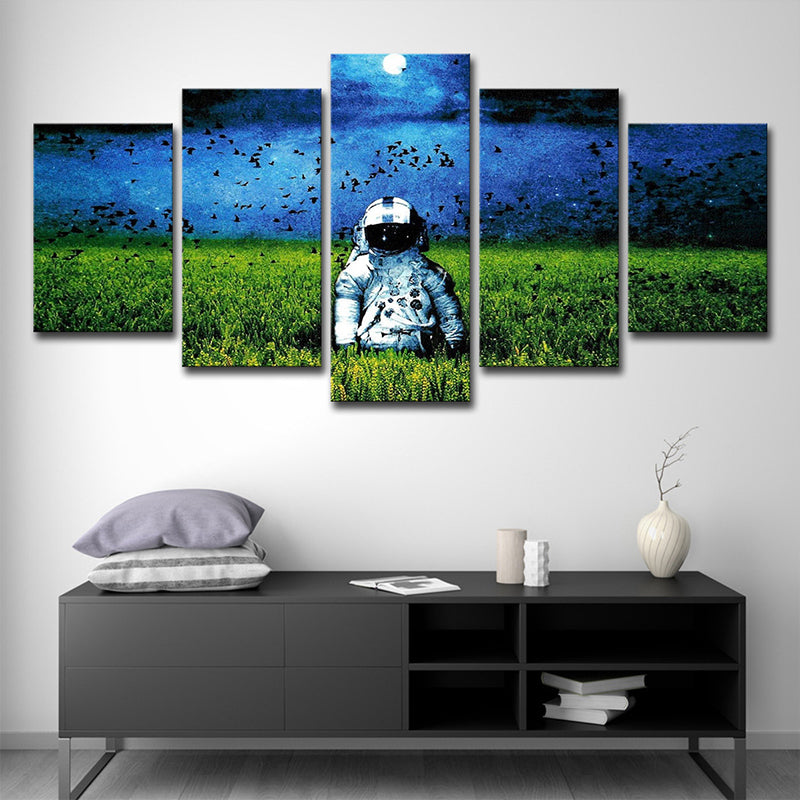 Sci-Fi Spaceman Canvas Art Green and Blue Moon Night Scenery Wall Decor, Multi-Piece