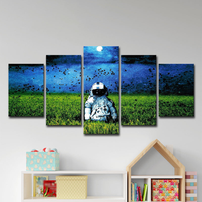 Sci-Fi Spaceman Canvas Art Green and Blue Moon Night Scenery Wall Decor, Multi-Piece