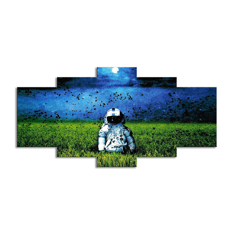 Sci-Fi Spaceman Canvas Art Green and Blue Moon Night Scenery Wall Decor, Multi-Piece