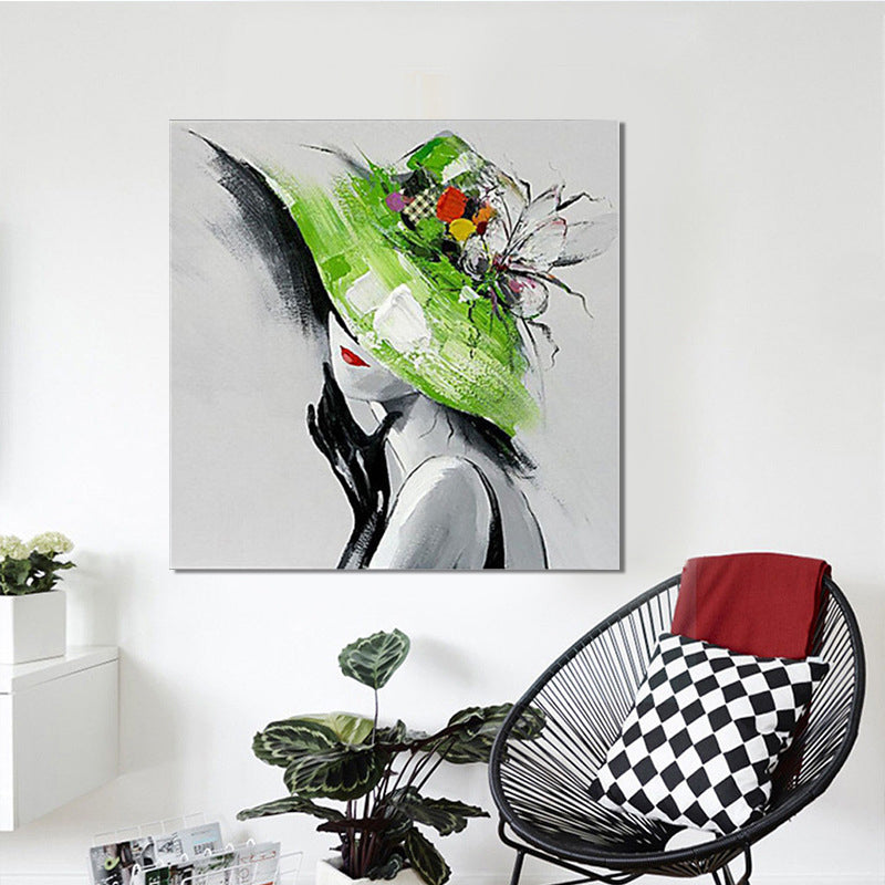 Elegant Lady with Hat Canvas Wall Art for Girls Bedroom, Green and Grey, Textured