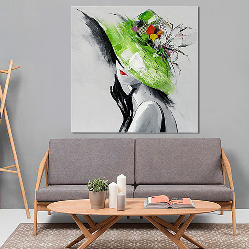 Elegant Lady with Hat Canvas Wall Art for Girls Bedroom, Green and Grey, Textured