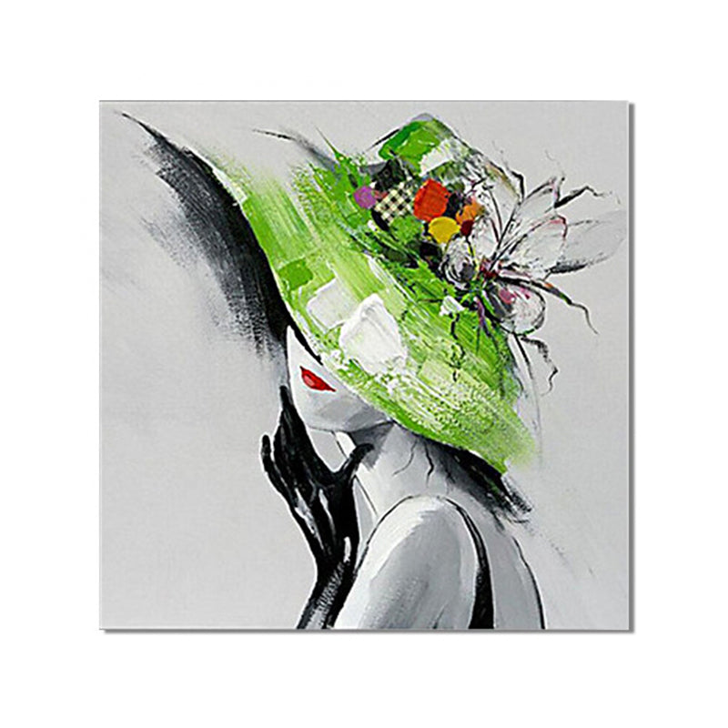 Elegant Lady with Hat Canvas Wall Art for Girls Bedroom, Green and Grey, Textured