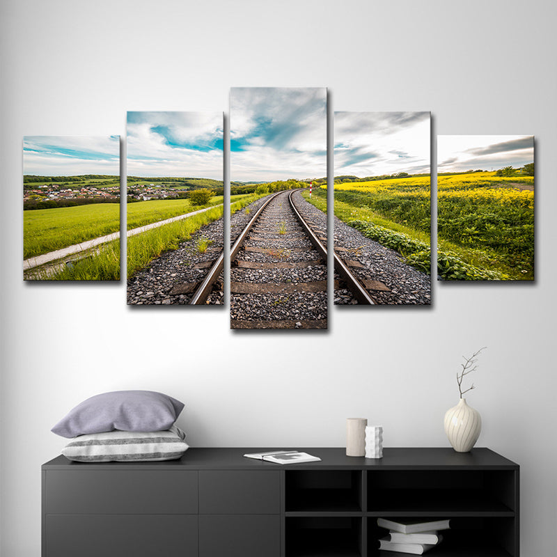 Green Railway Village Scenery Canvas Multi-Piece Wall Art for House Interior