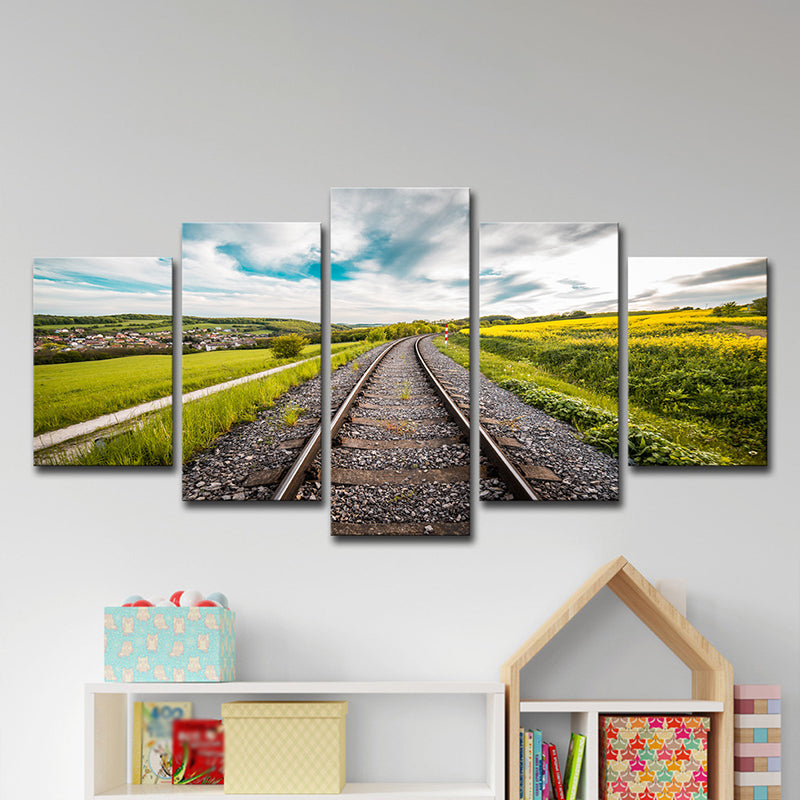 Green Railway Village Scenery Canvas Multi-Piece Wall Art for House Interior