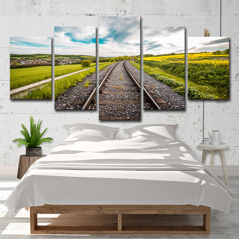 Green Railway Village Scenery Canvas Multi-Piece Wall Art for House Interior