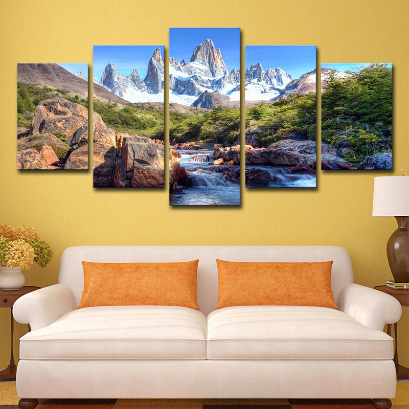 Stream from Snow Mountain Canvas Print Modern Multi-Piece Living Room Wall Art in Blue