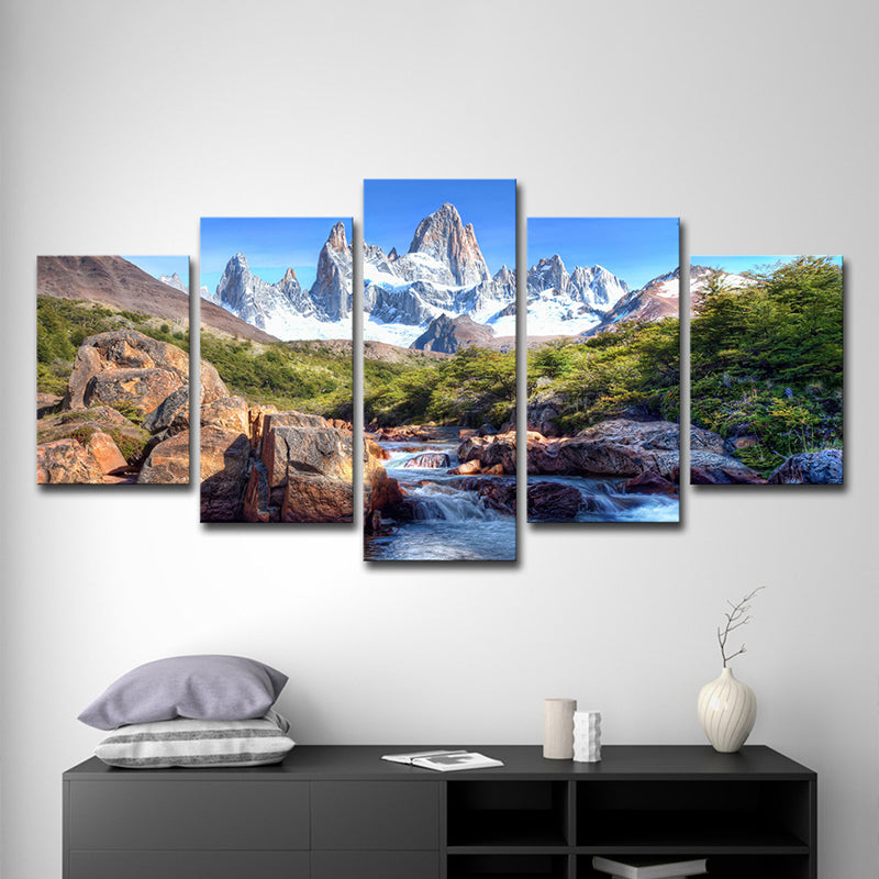 Stream from Snow Mountain Canvas Print Modern Multi-Piece Living Room Wall Art in Blue