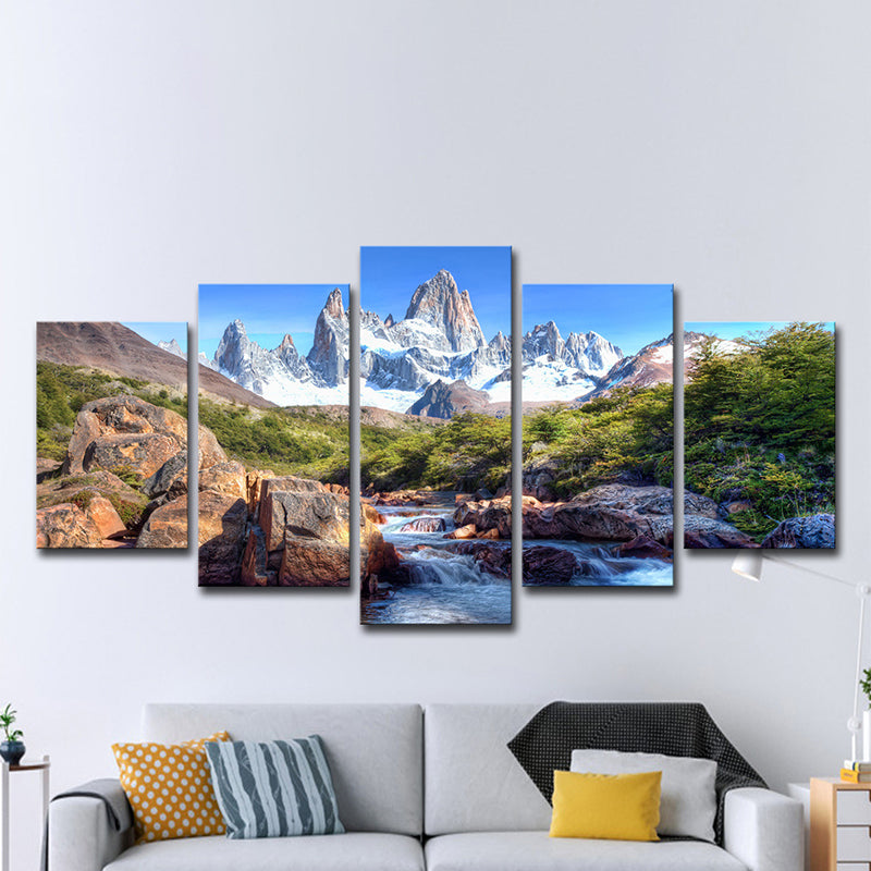 Stream from Snow Mountain Canvas Print Modern Multi-Piece Living Room Wall Art in Blue