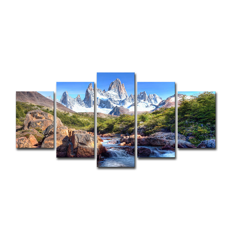 Stream from Snow Mountain Canvas Print Modern Multi-Piece Living Room Wall Art in Blue