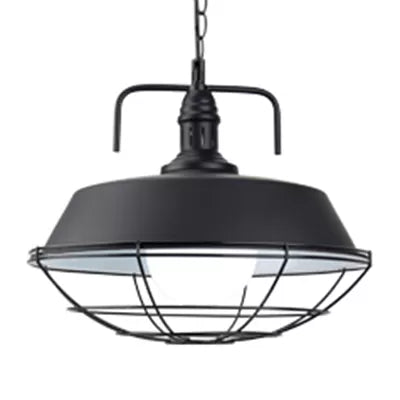 Metal Barn Pendant Light Fixture Industrial 14"/18" W 1 Light Living Room Hanging Lamp with Cage in Black/White