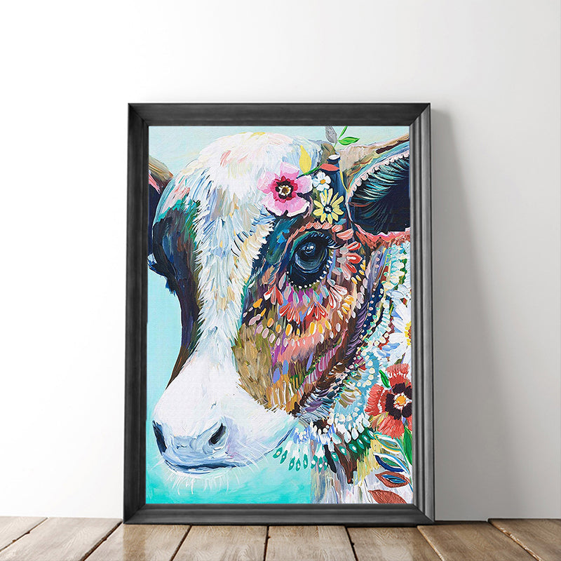 Cow with Flowers Painting Canvas Blue Modernist Style Living Room Wall Art