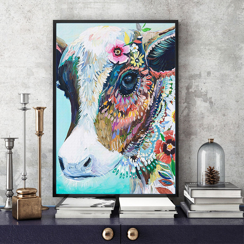 Cow with Flowers Painting Canvas Blue Modernist Style Living Room Wall Art