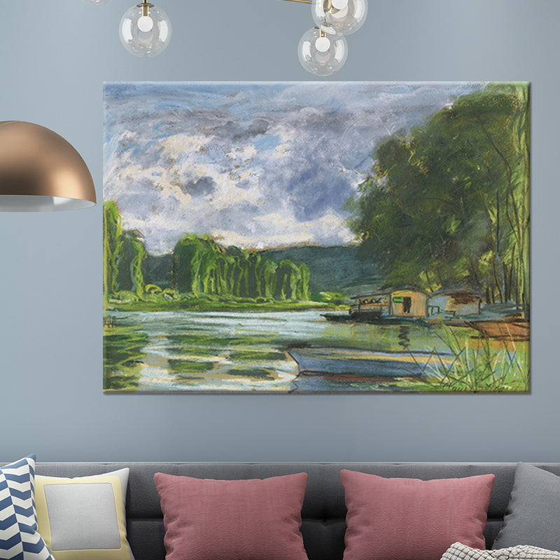 Contemporary Art Painting Green Lakeside House Scenery Wall Decor for Living Room