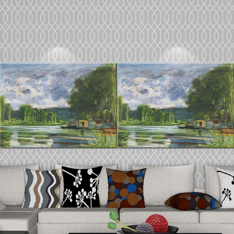 Contemporary Art Painting Green Lakeside House Scenery Wall Decor for Living Room