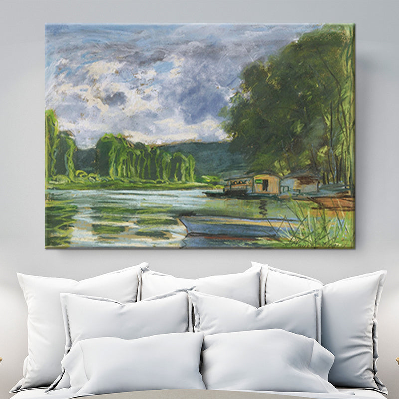 Contemporary Art Painting Green Lakeside House Scenery Wall Decor for Living Room