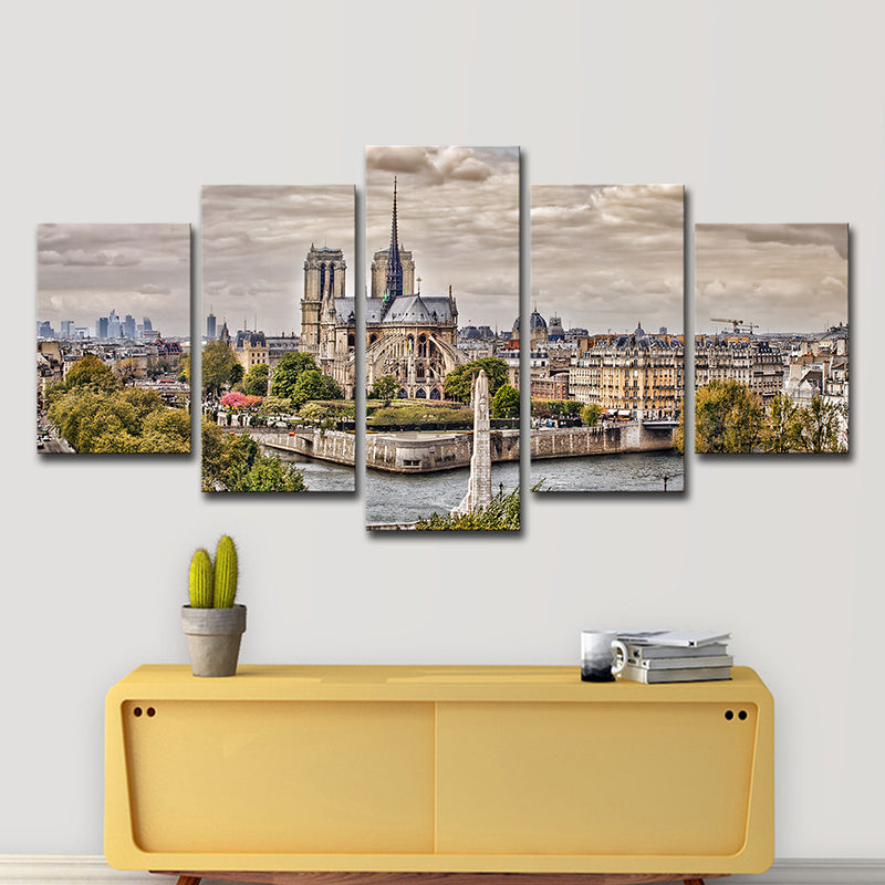 Modern Landmark Canvas Print Green Scenery of Notre-Dame De Paris Wall Art, Multi-Piece