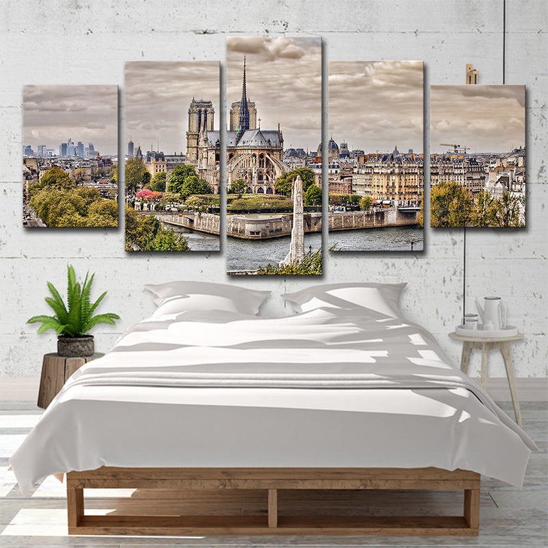 Modern Landmark Canvas Print Green Scenery of Notre-Dame De Paris Wall Art, Multi-Piece