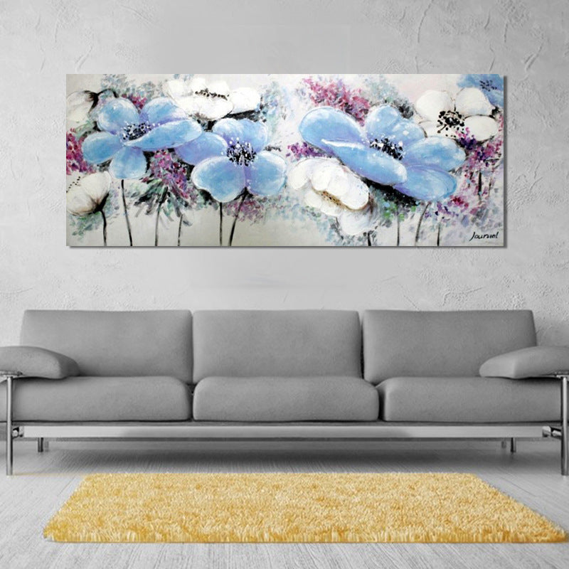 Blue-Pink Blooming Flower Painting Textured Modernist Living Room Wall Art Decor