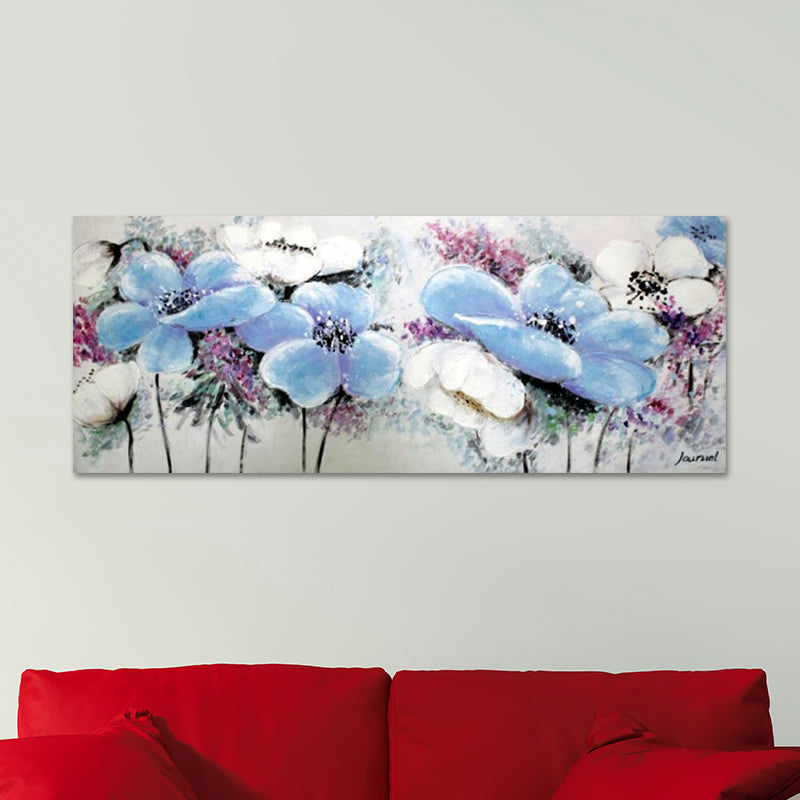 Blue-Pink Blooming Flower Painting Textured Modernist Living Room Wall Art Decor