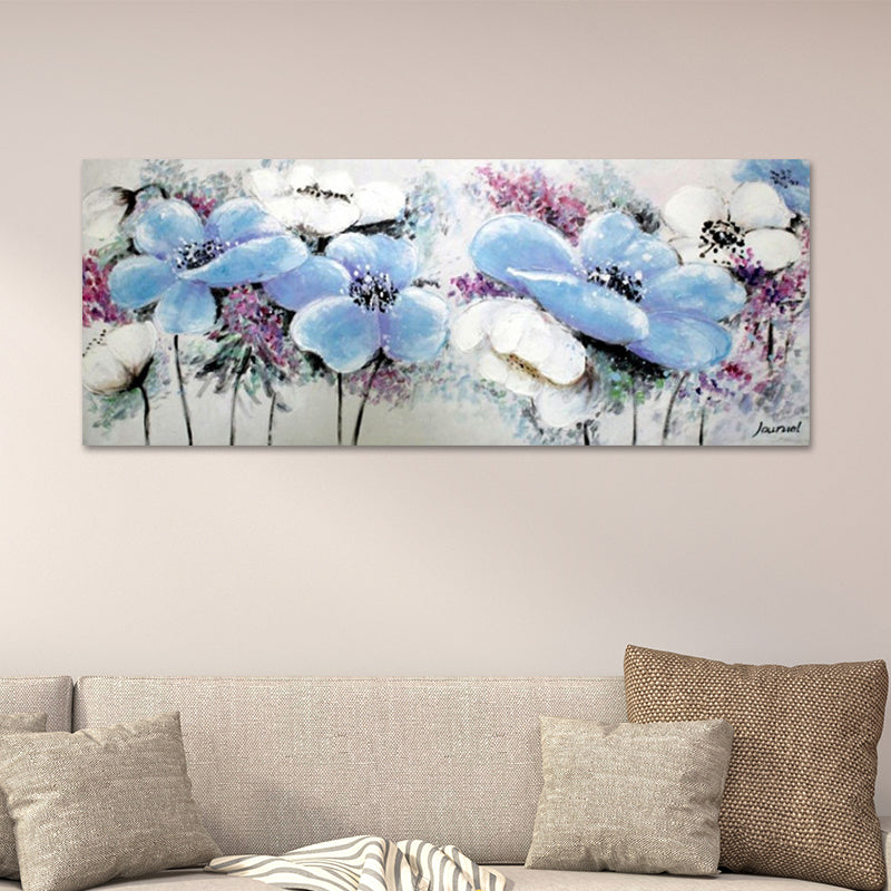 Blue-Pink Blooming Flower Painting Textured Modernist Living Room Wall Art Decor