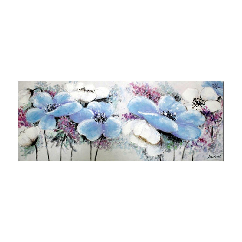 Blue-Pink Blooming Flower Painting Textured Modernist Living Room Wall Art Decor