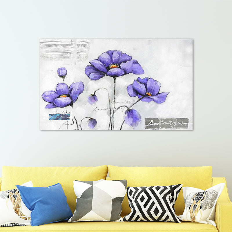 Floweret Wall Art Print for Living Room Beautiful Canvas Painting in Purple on White