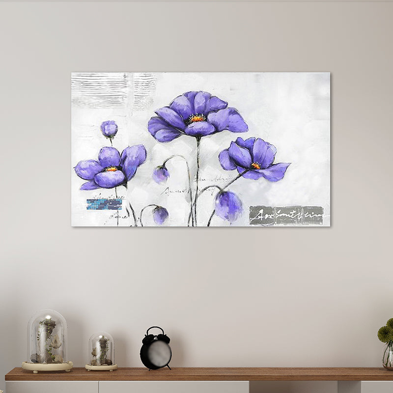 Floweret Wall Art Print for Living Room Beautiful Canvas Painting in Purple on White