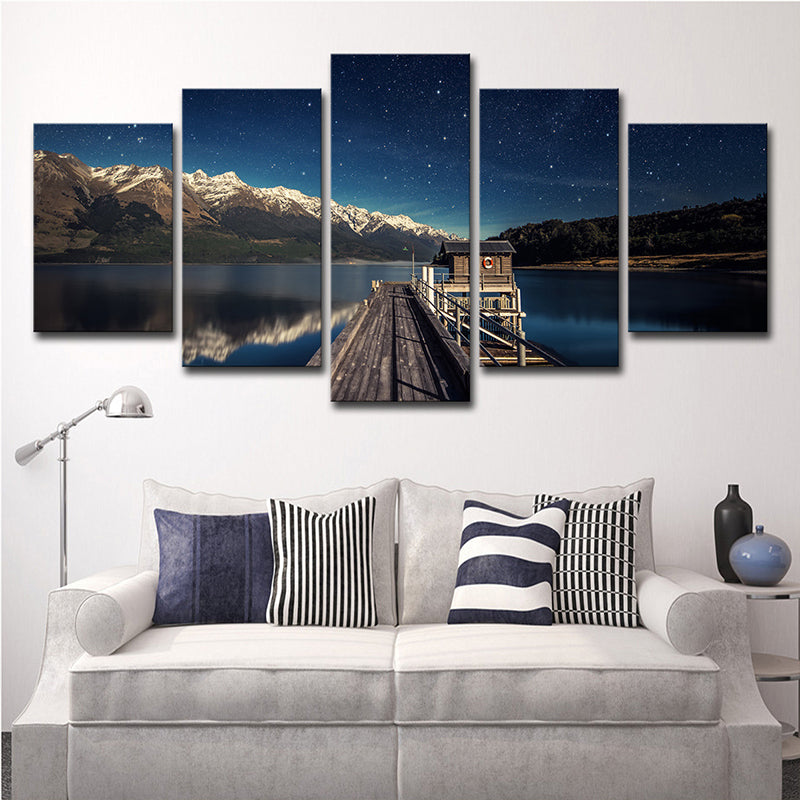 Mountain Starry Night Canvas Art for Home Bridge to River Scenery Wall Decor in Blue, Multi-Piece