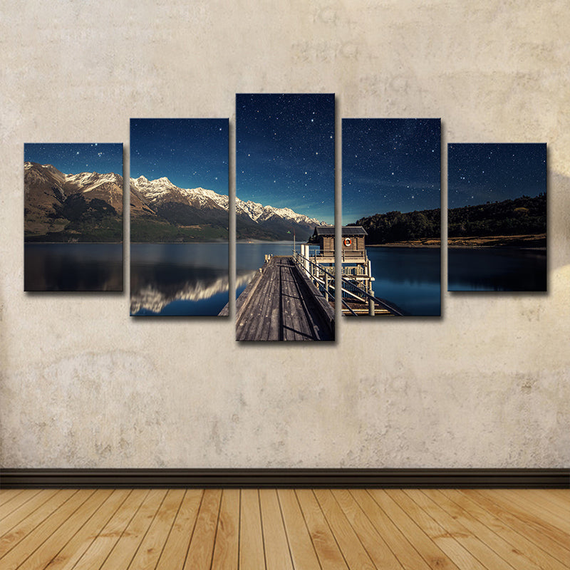 Mountain Starry Night Canvas Art for Home Bridge to River Scenery Wall Decor in Blue, Multi-Piece