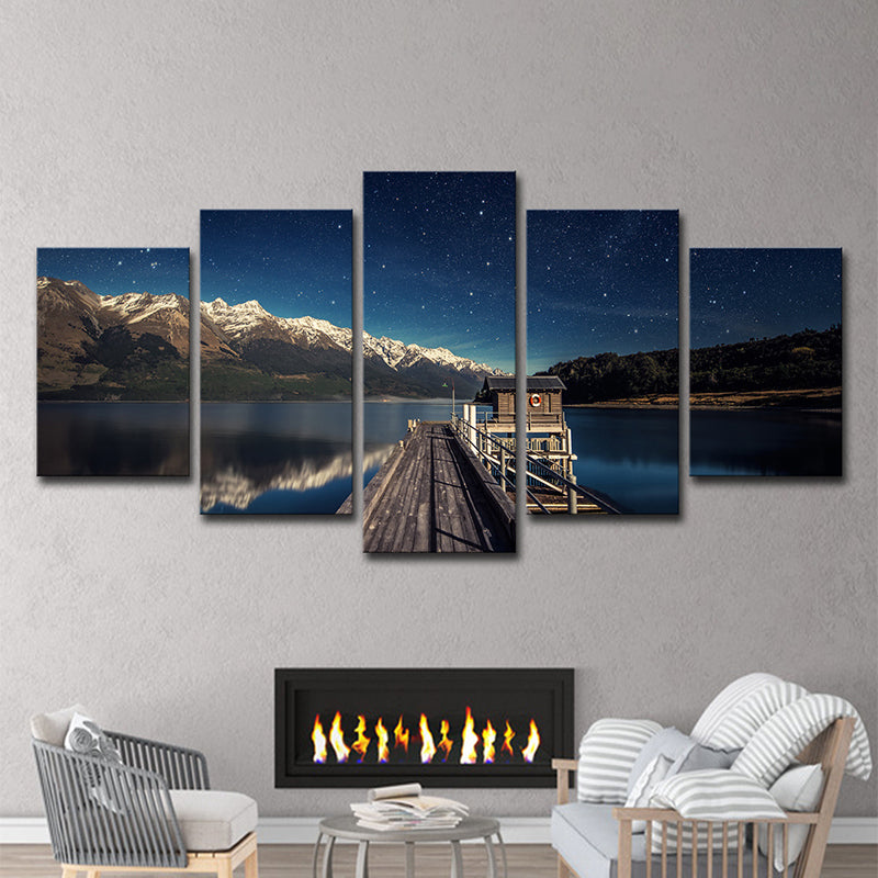 Mountain Starry Night Canvas Art for Home Bridge to River Scenery Wall Decor in Blue, Multi-Piece