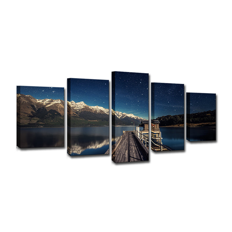 Mountain Starry Night Canvas Art for Home Bridge to River Scenery Wall Decor in Blue, Multi-Piece